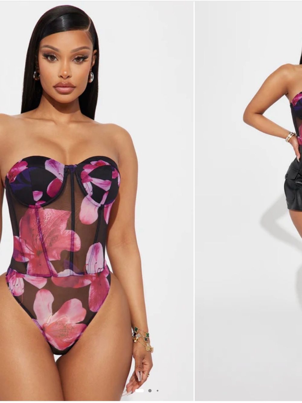 Fashion Nova Black Sheer Floral Bustier Bodysuit with Pink Purple Flowers